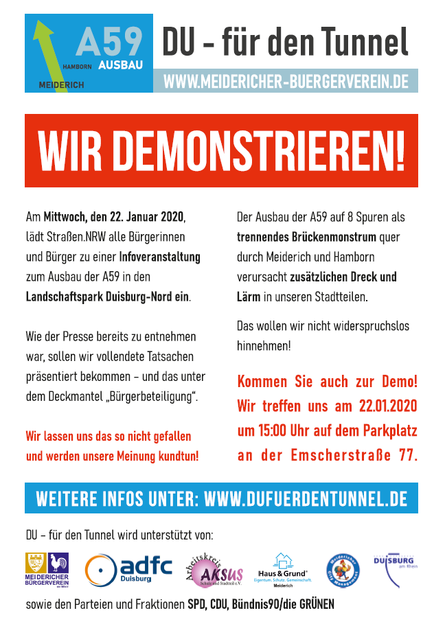 Flyer Demo Infoveranstaltung A59 am 22.01.2020 - Aufruf Meidericher Bürgerverein